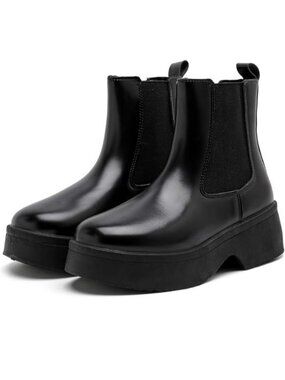 Women's Chelsea Boots Slip On Black Boots Ankle Wedge Chunky Platform Booties